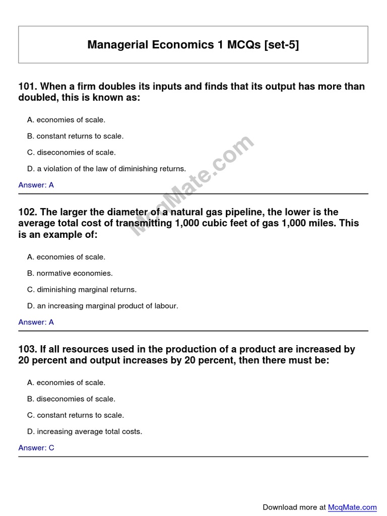Managerial Economics 1 Solved MCQs (Set5) PDF Economies Of Scale