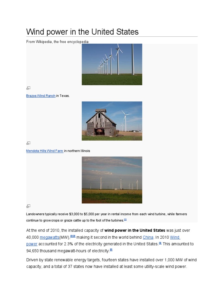 Wind Power in The United States From Wikipedia, The Free Encyclopedia