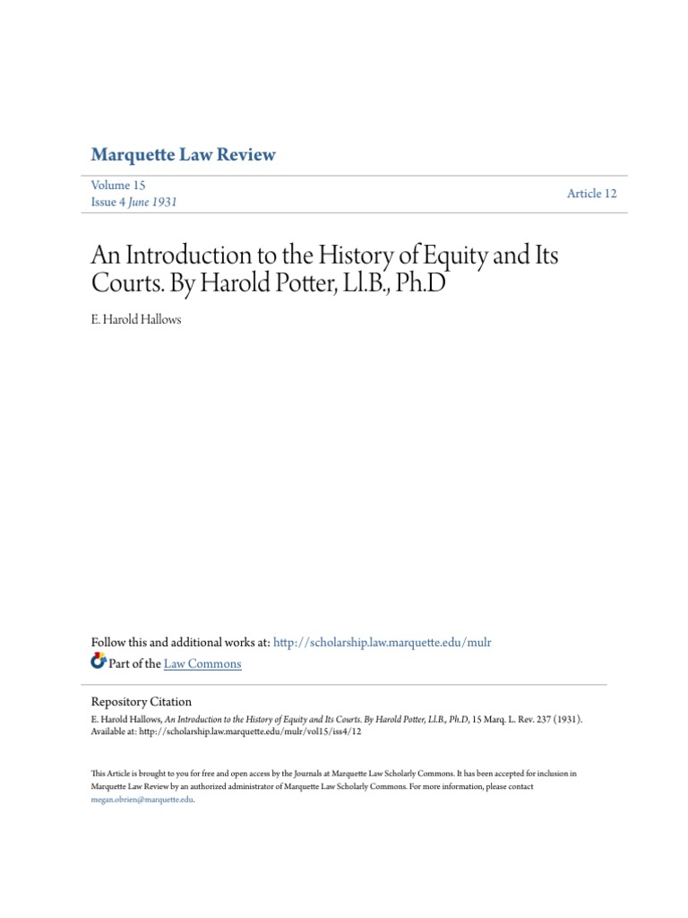 An Introduction To The History of Equity and Its Courts. by Harol PDF