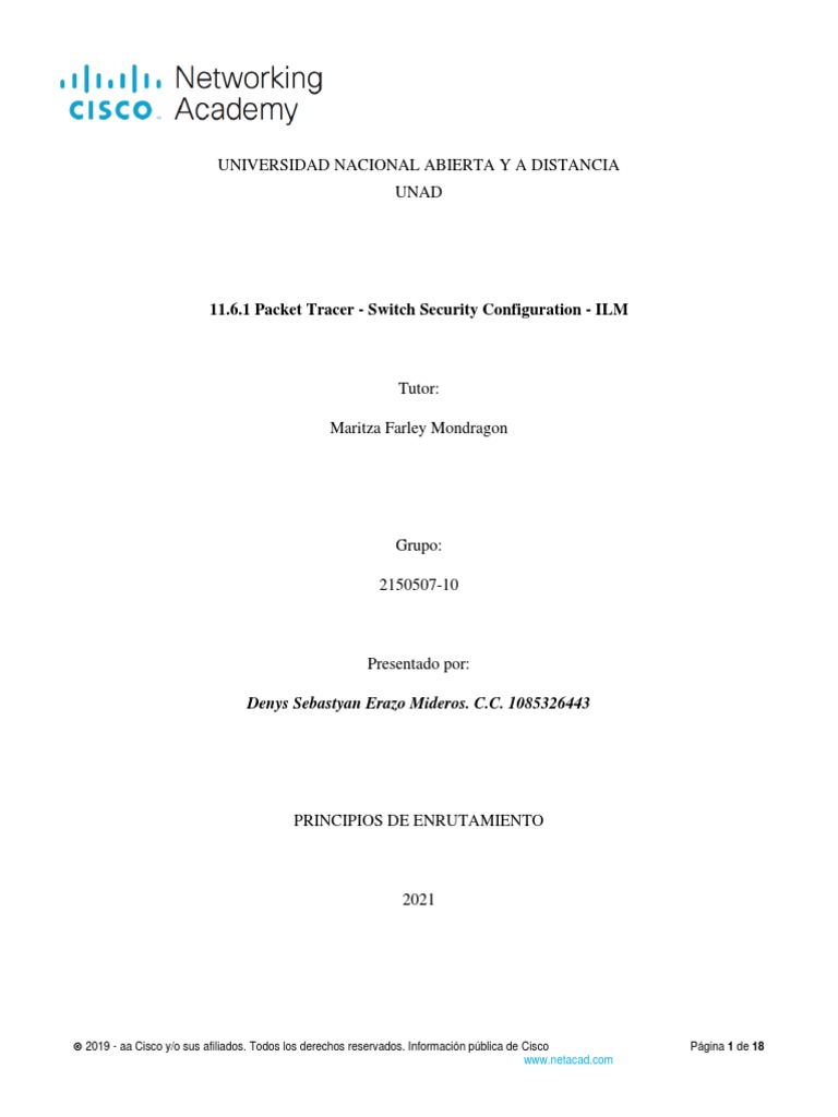 11.6.1 Packet Tracer - Switch Security Configuration - ILM - SEBASTYAN  ERAZO | PDF | Conmutador de red | Ciencias de la Computación