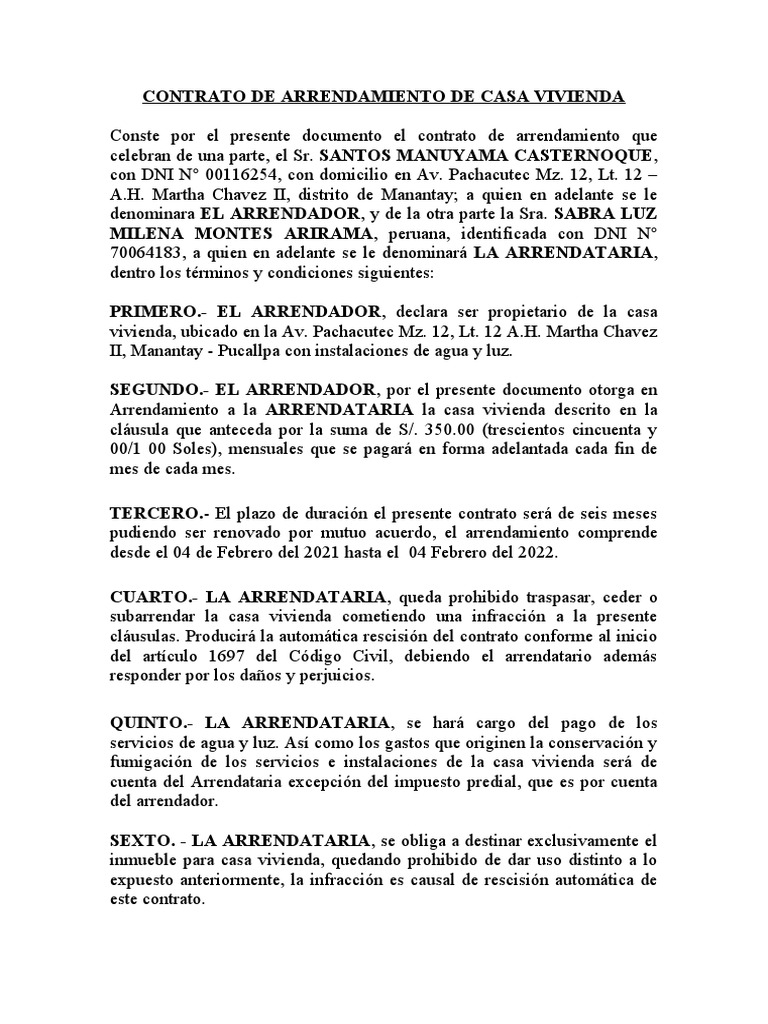 Contrato de Arrendamiento de Casa Vivienda01 | PDF