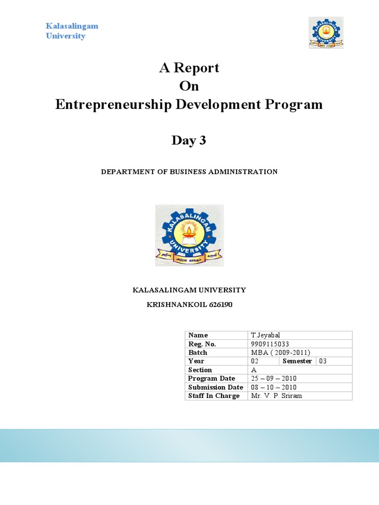 Entrepreneurship Development Report - Day 3 | PDF