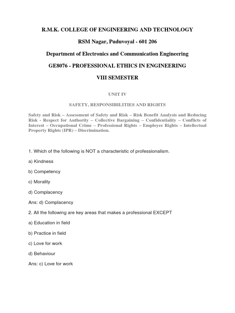 Professional Ethics in Engineering An Analysis of Key Concepts