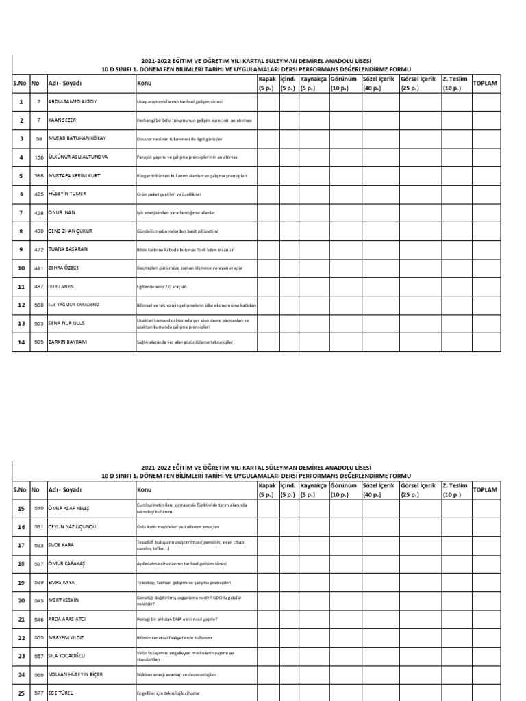 10D Fbtu 1.dönem Performans 1 | PDF