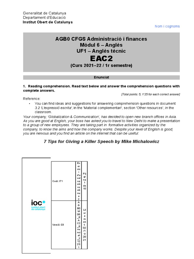 EAC 1 IOC Anglès AFI | PDF | English Language | Speech
