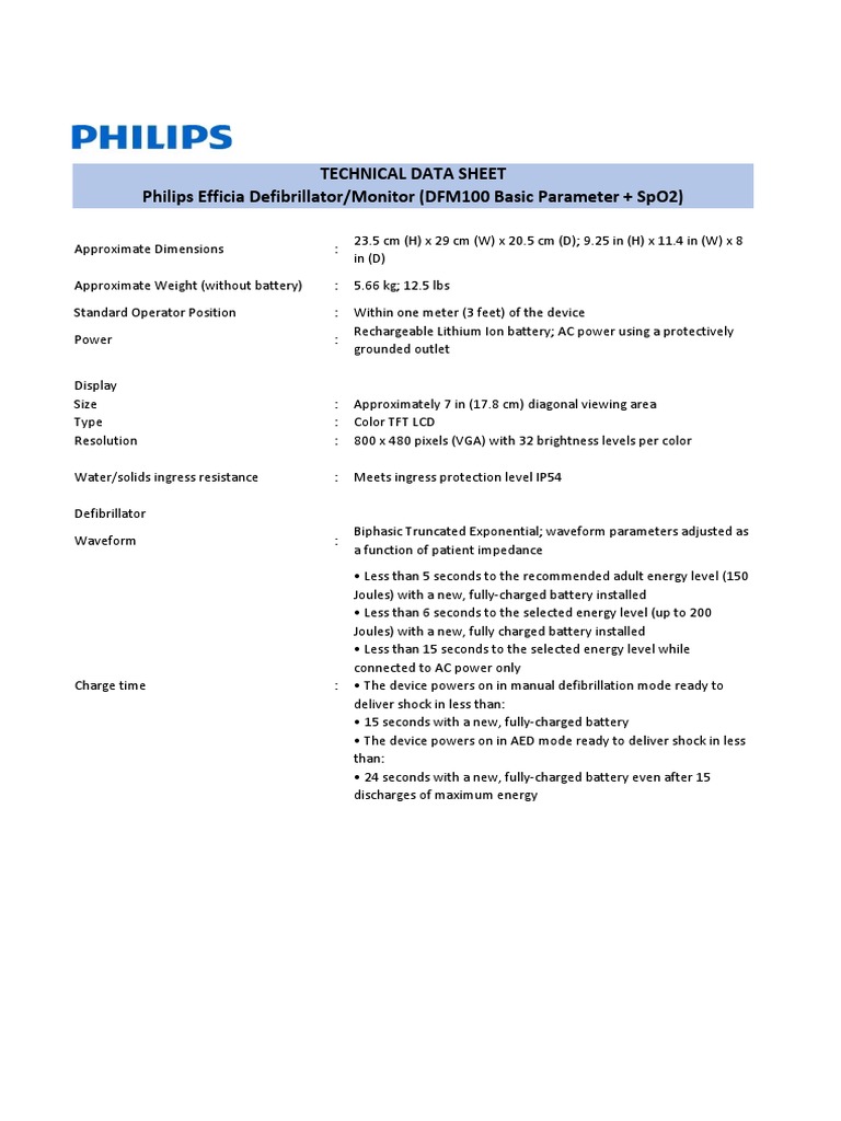 Spesifikasi Philips Efficia Defibrillator Monitor (DFM100 Basic ...