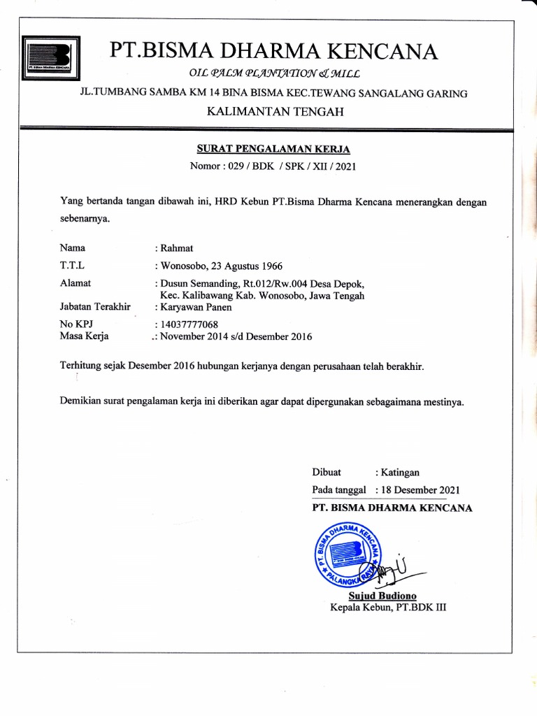 Surat Pengalaman Kerja PT Bisma | PDF