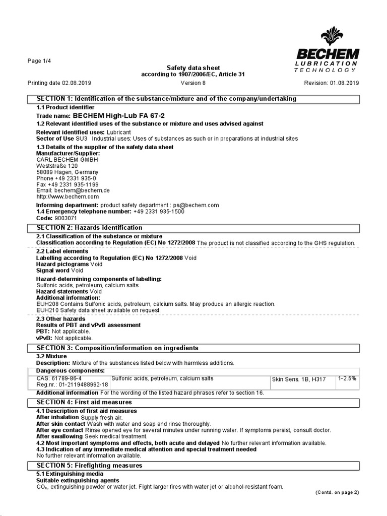 MSDS Bechem Grease PDF Dangerous Goods Toxicity