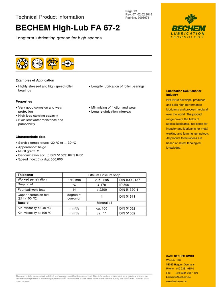 Technical Data Sheet For Bechem Grease PDF Lubricant Materials