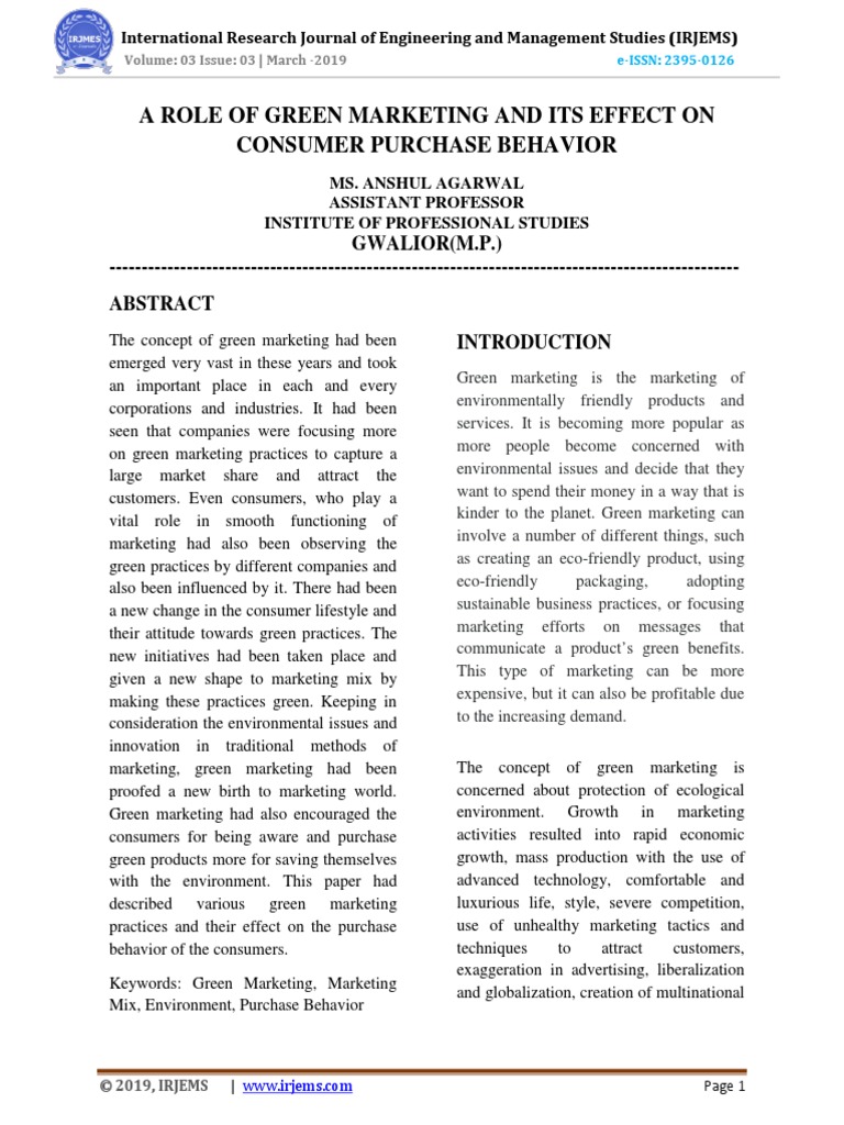A Role of Green Marketing and Its Effect On Consumer Purchase Behavior ...