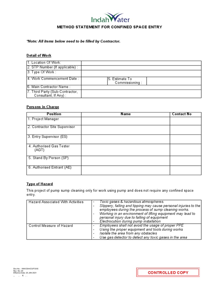 Confined Space Entry Method Statement | PDF | Personal Protective ...