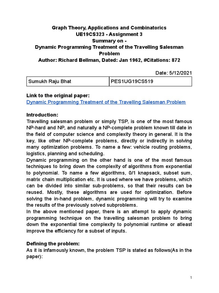 Dynamic Programming Treatment of The Travelling Salesman Problem PDF