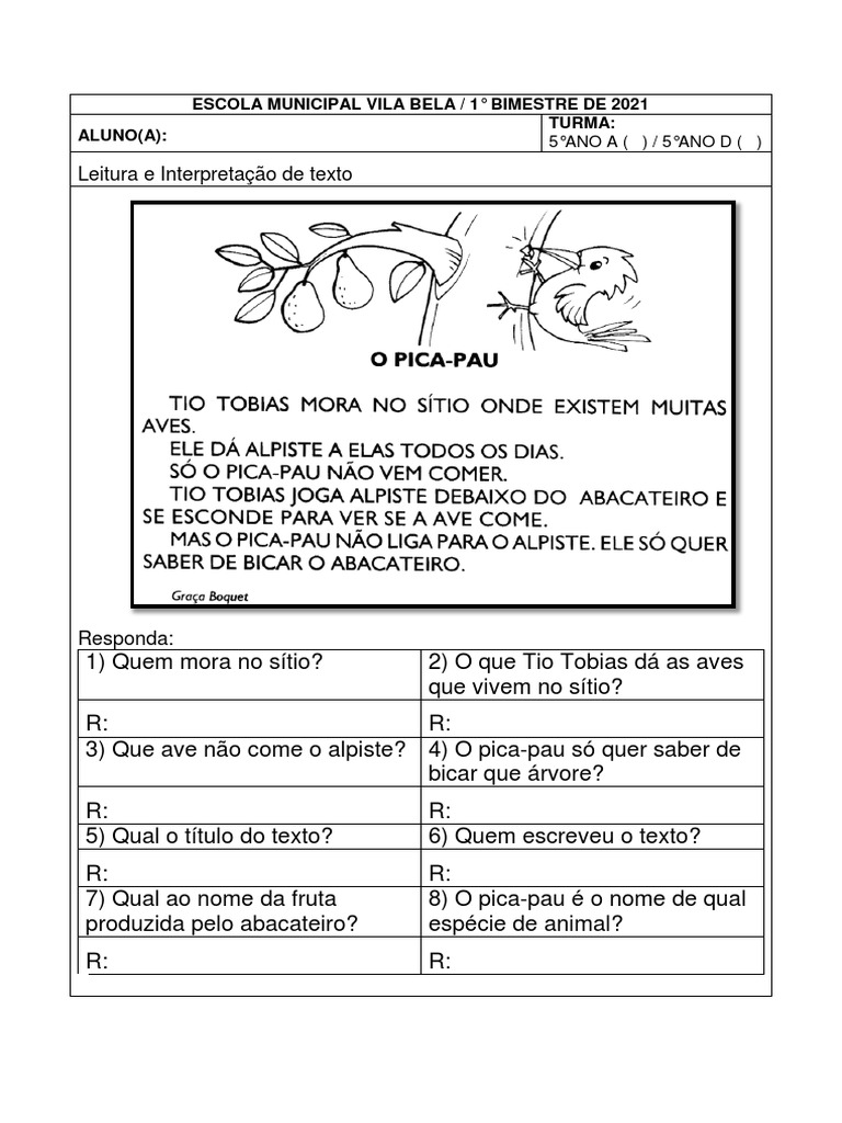 Atividades de leitura e interpretação de texto para alunos do 5o ano ...