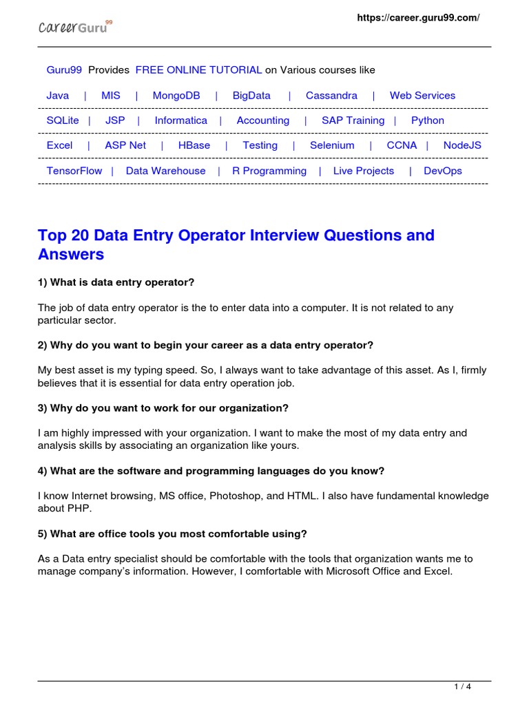 Top 20 Data Entry Operator Interview Questions and Answers | PDF | Data ...