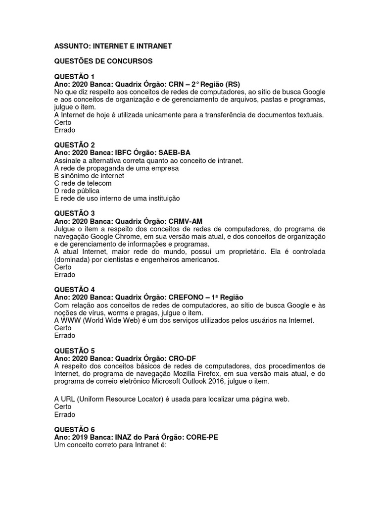 Quest Es Conceitos De Internet E Intranet Pdf Rede De Computadores