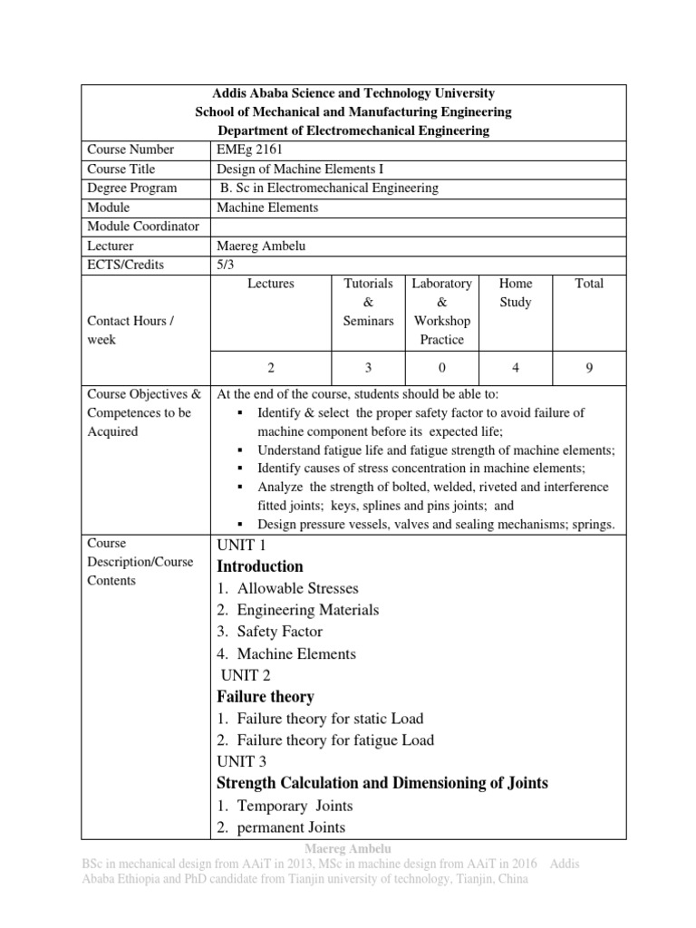 Design of Machine Element Outline | PDF | Strength Of Materials | Machines