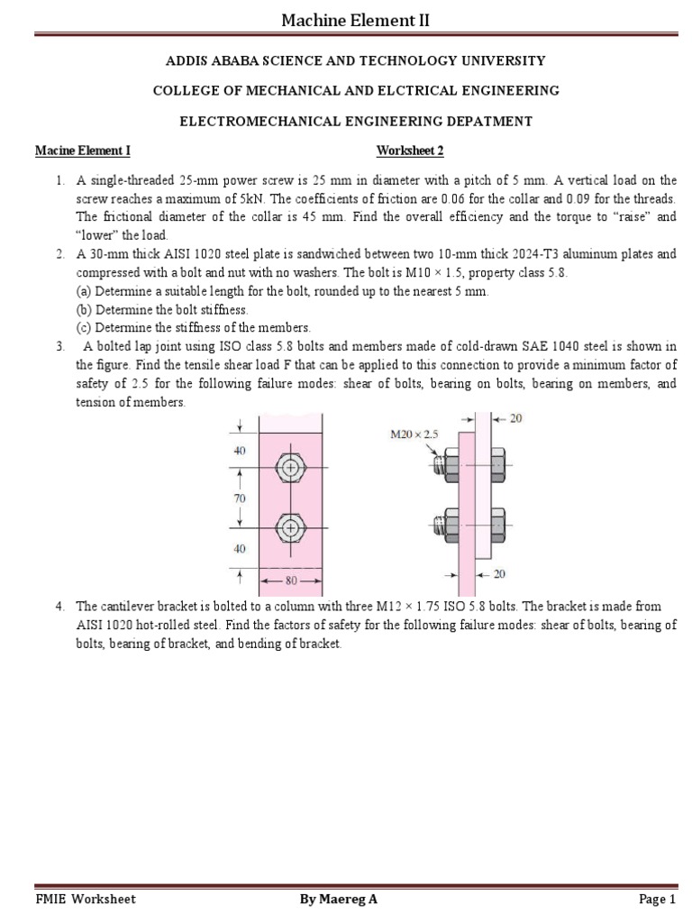 Machine Element II Worksheet Analysis | PDF | Screw | Mechanical ...