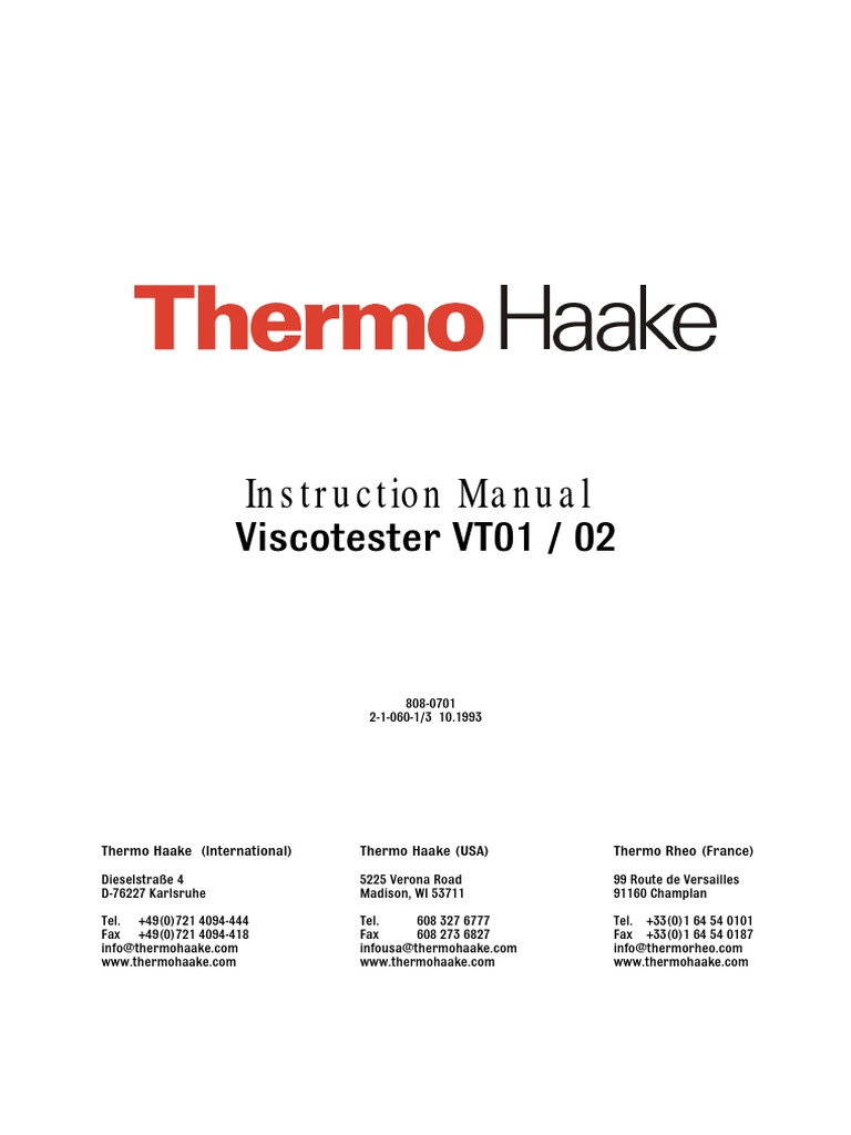 Viscotester VT01/02 Instruction Manual | PDF | Viscosity | Shear Stress