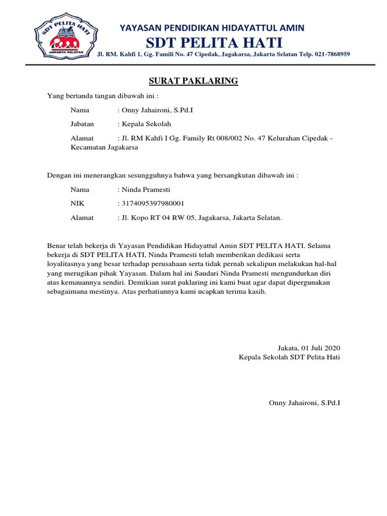 Surat Paklaring Ninda Pramesti | PDF