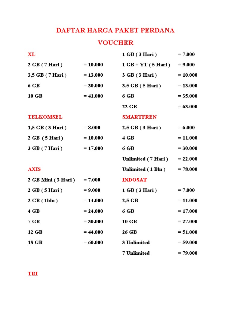 Daftar Harga Voucher | PDF