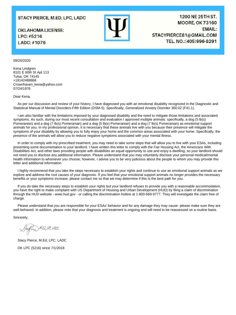 Emotional Support Animal Approval Letter | PDF | Mental Disorder ...