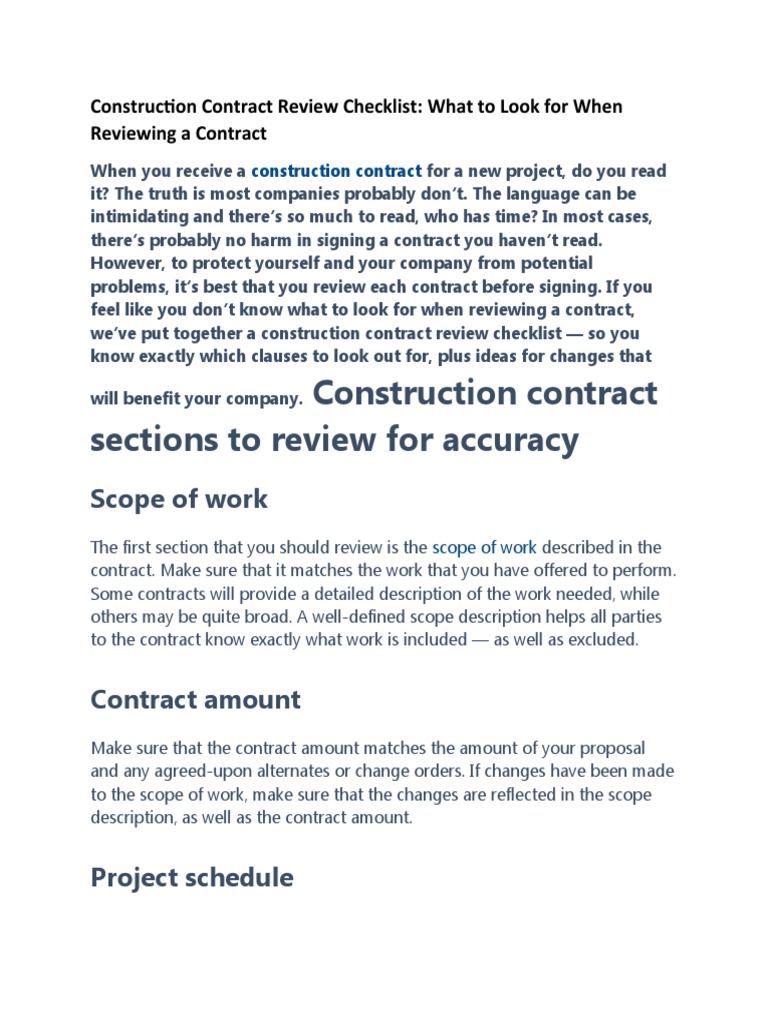 Construction Contract Review Checklist | PDF | Liquidated Damages | Damages