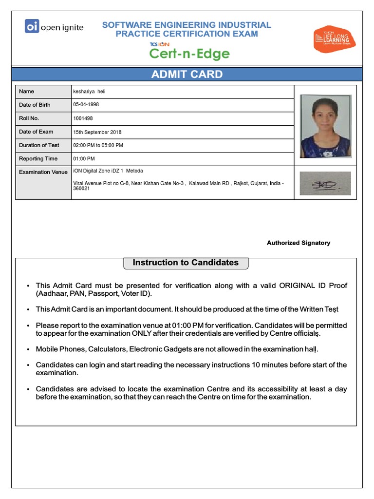 Admit Card: Software Engineering Industrial Practice Certification Exam ...
