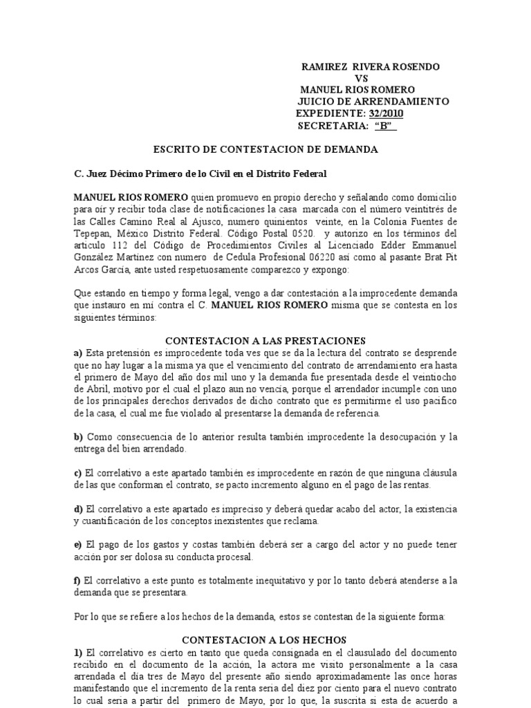 Contestacion de La Demanda de Arrendamiento