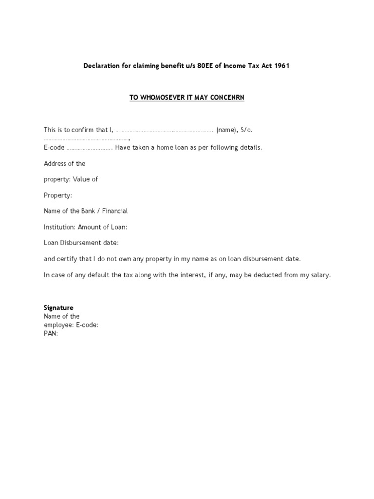 80EE Income Tax Benefit Declaration Form | PDF