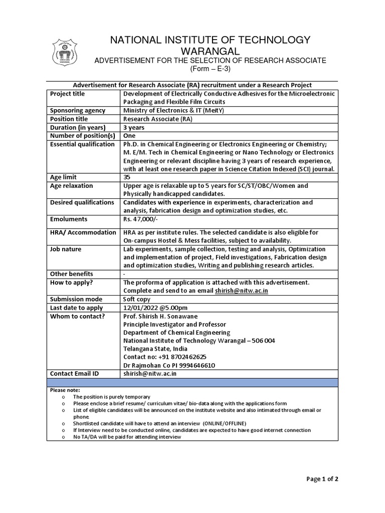 15.12.2021. MeitY Project Advertisement For Research Associate | PDF ...