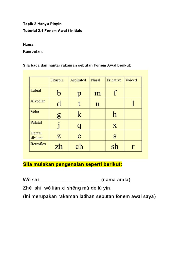 Latihan Fonem Awal Hanyu Pinyin | PDF