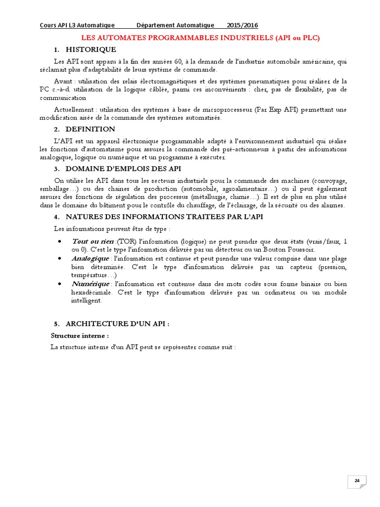 Cours sur les Automates Programmables API | PDF | Entrée/Sortie ...