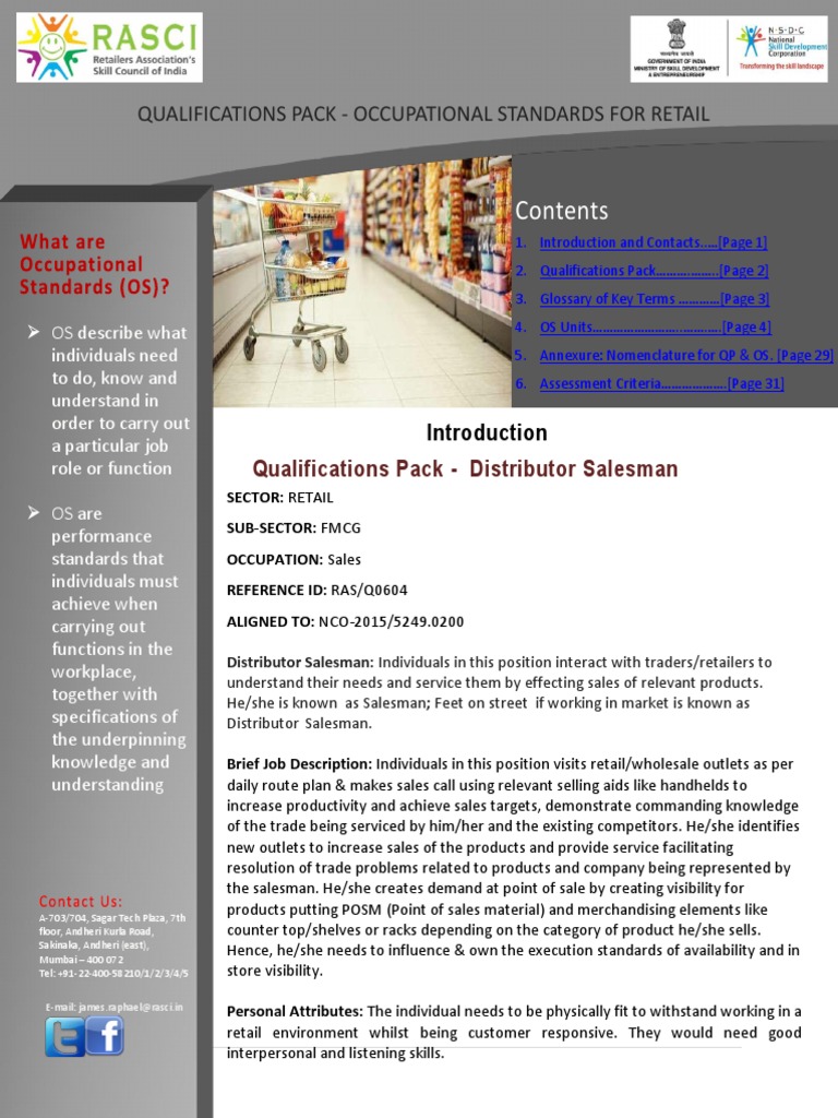 RASCI Qualifications Pack 0604 Distributor Salesman PDF Sales