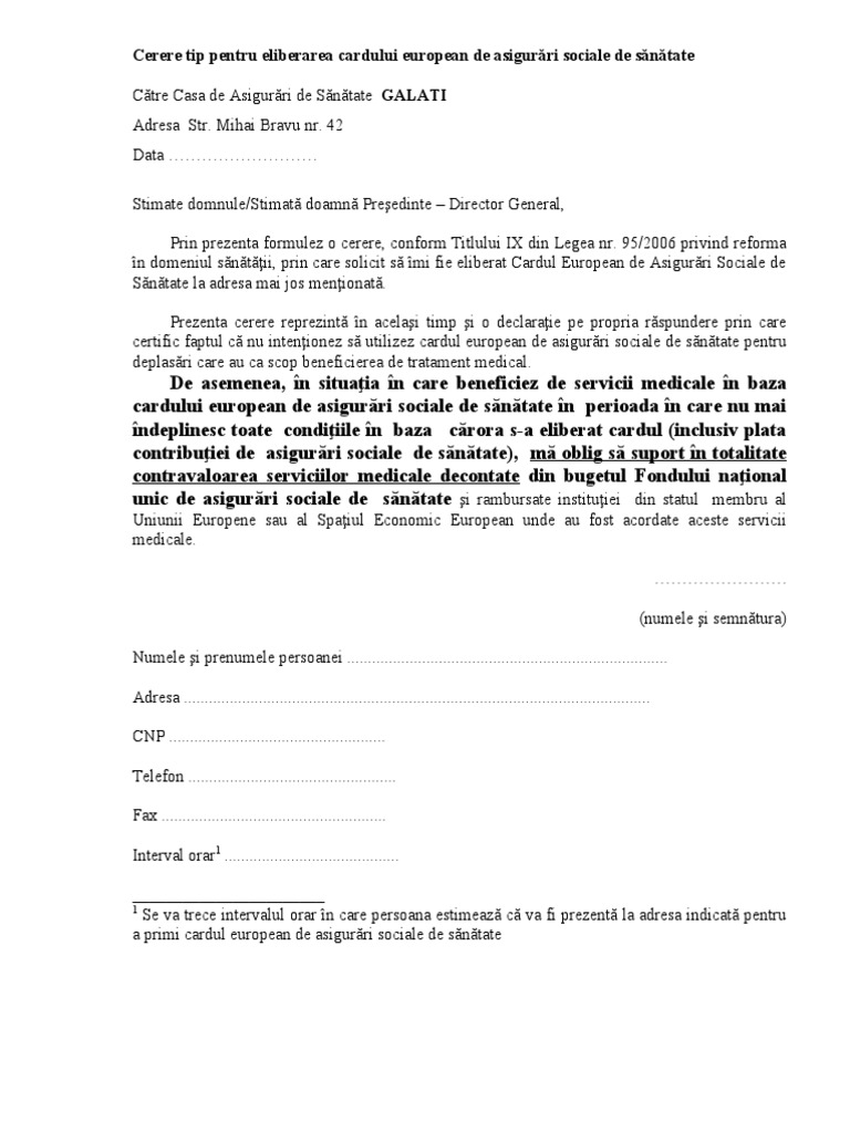 Cerere Eliberare Card European de Asigurari de Sanatate | PDF