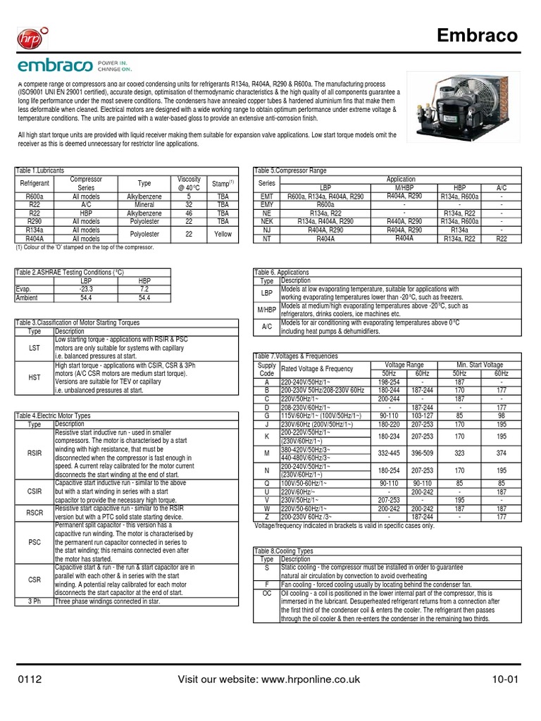 Embraco Compressor Specifications Guide | PDF | Capacitor