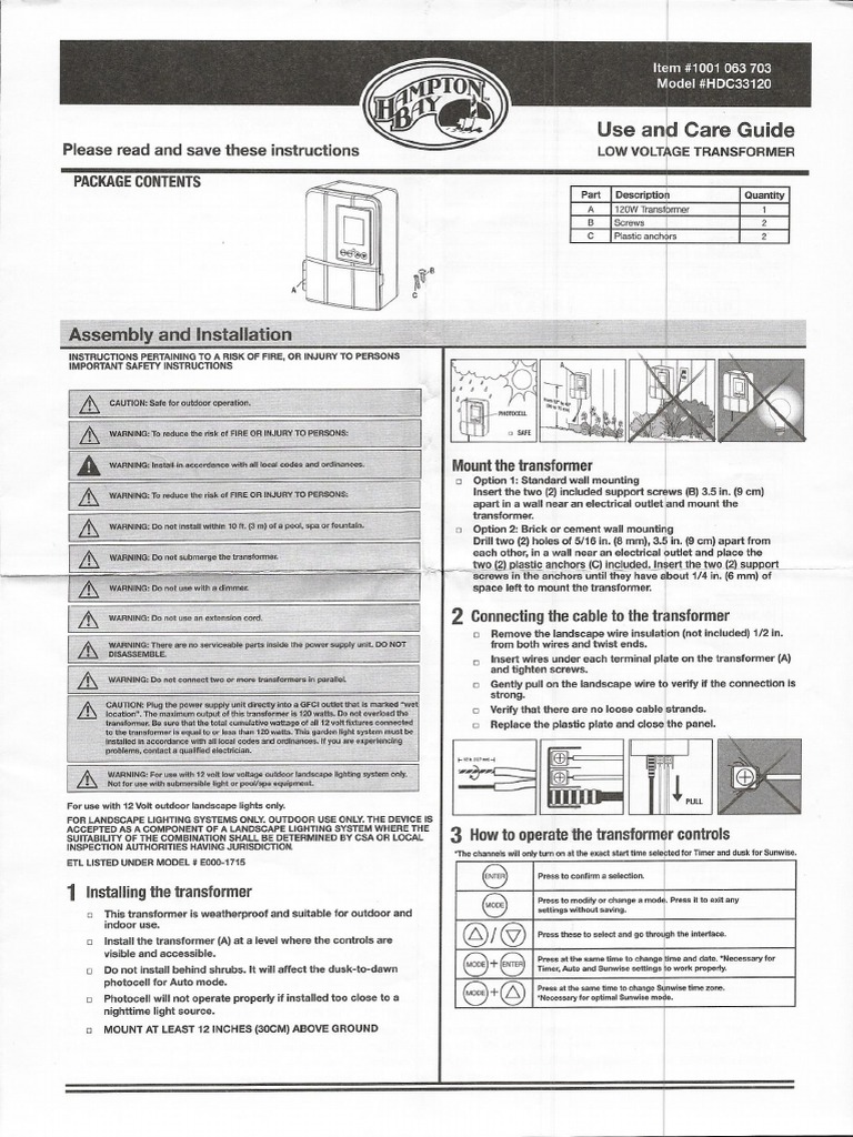 Hampton Bay Transformer HDC33120 PDF