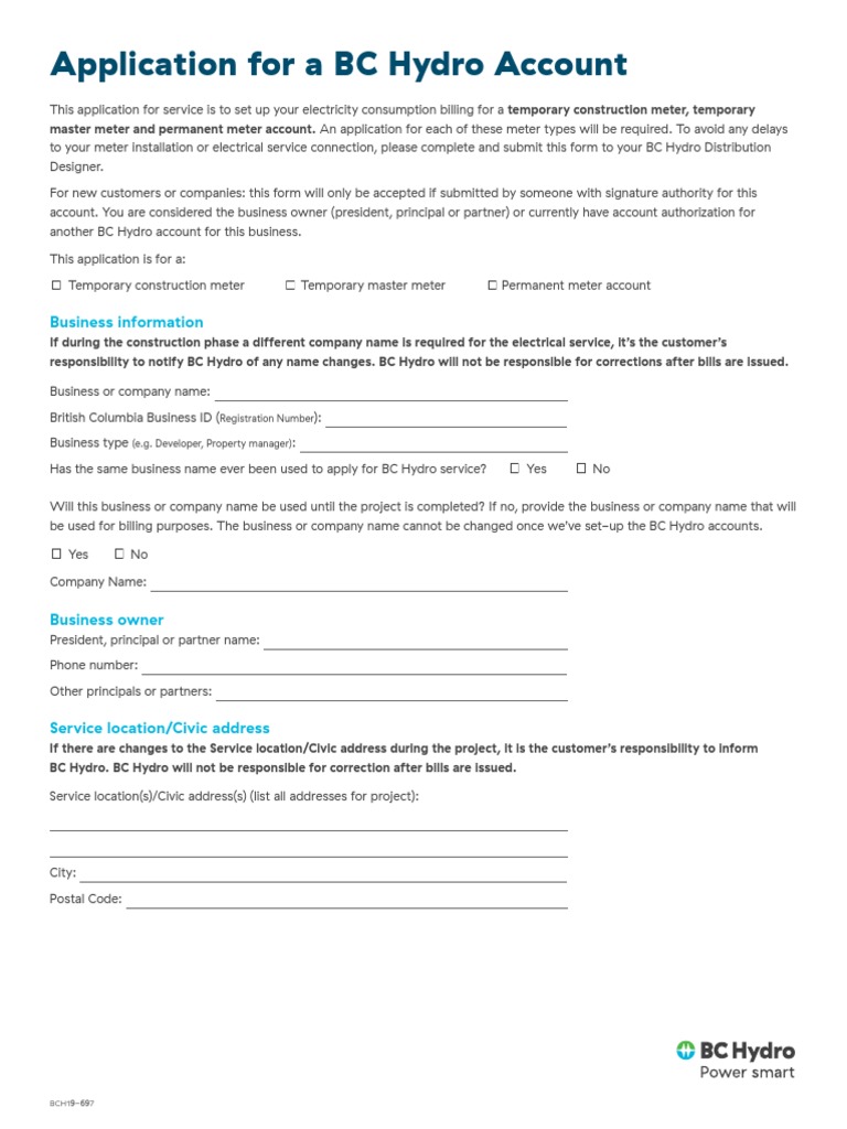 BC Hydro Account Application Form | PDF | Mail | Government