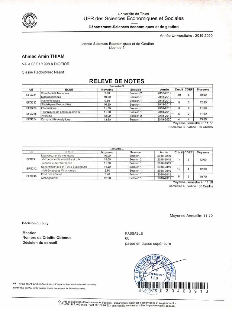 Relevé de Notes L2 | PDF