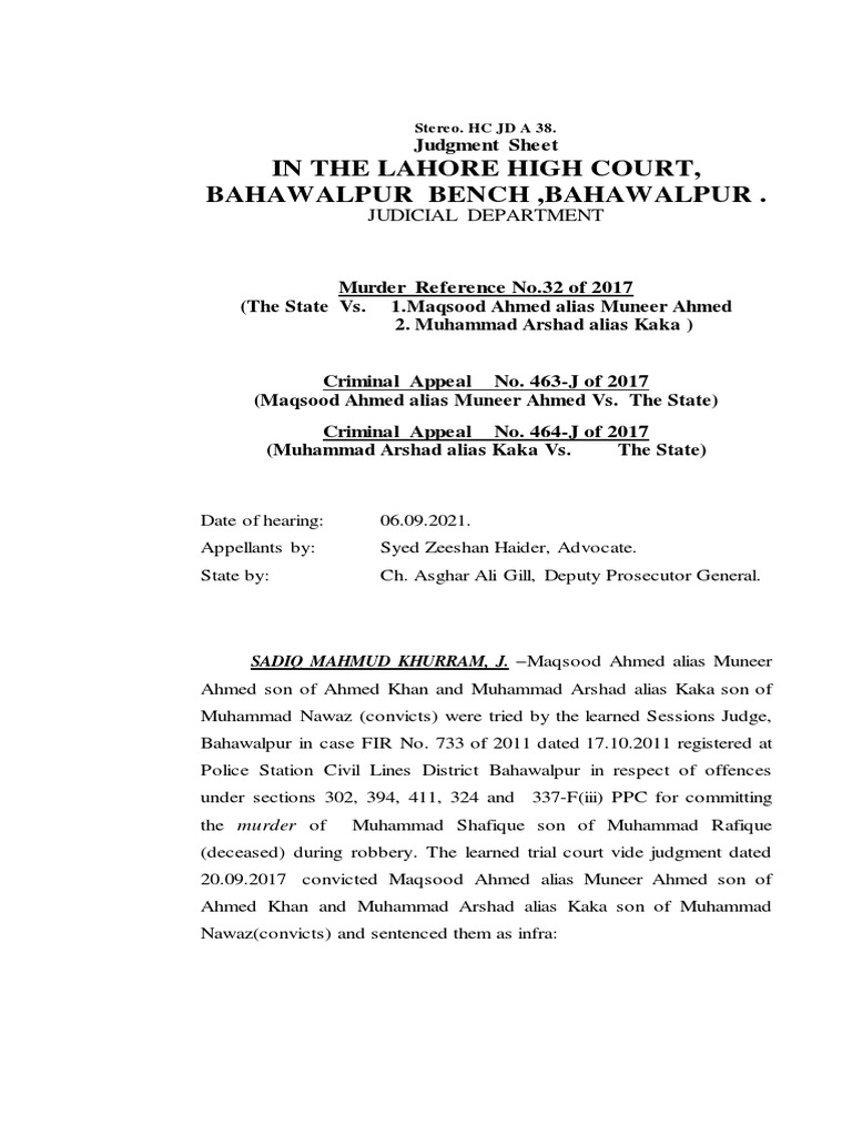Lahore High Court Murder Appeal Judgment | PDF | Arrest | Prosecutor
