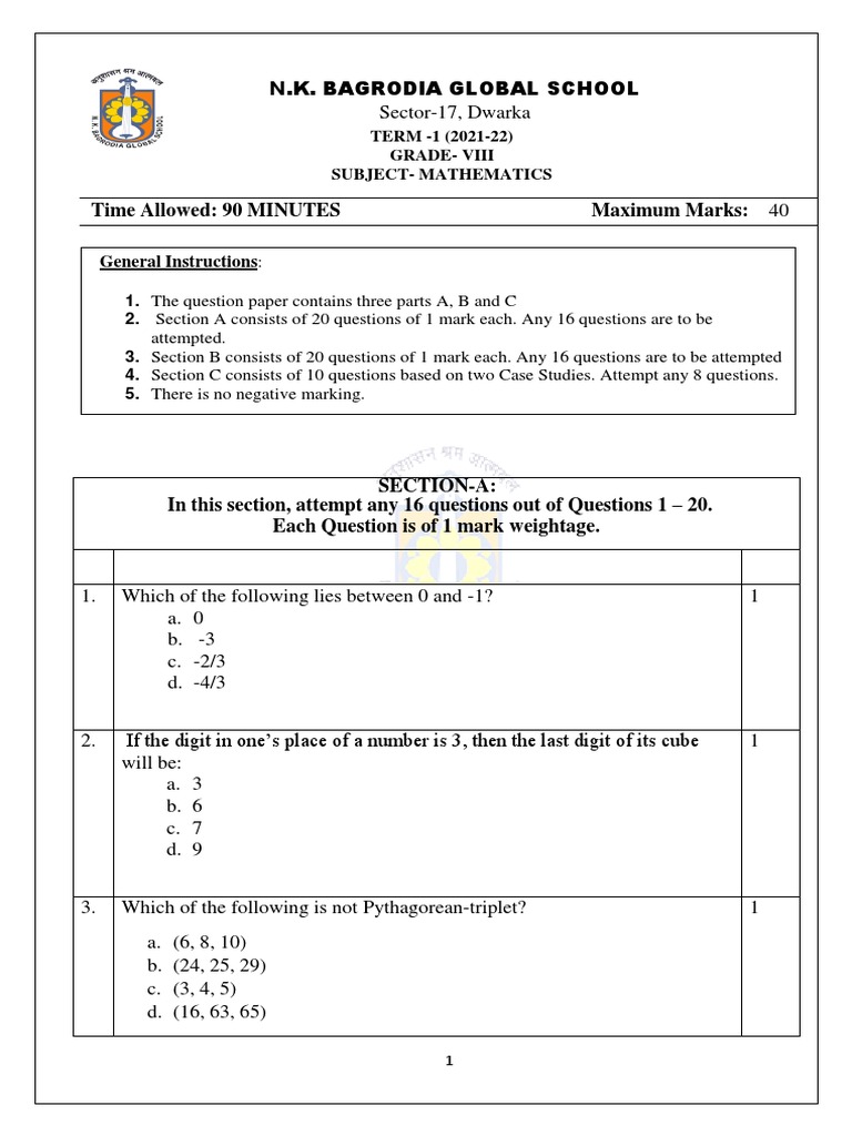 Class 8 Maths Term 1 Question Paper | PDF | Area | Odds