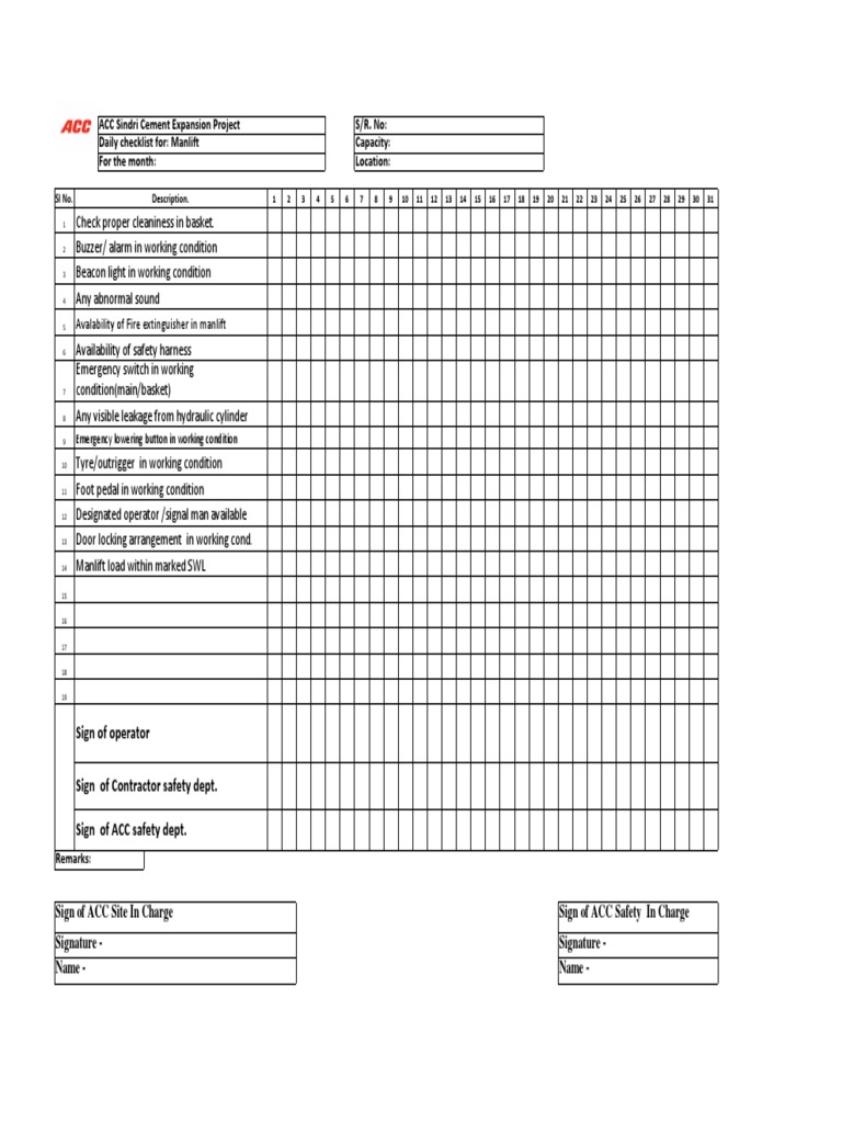 Manlift Daily Checklist PDF