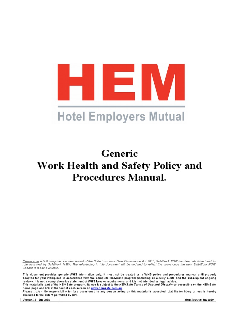 Generic WHS Policy & Procedures Manual | PDF | Occupational Safety And ...