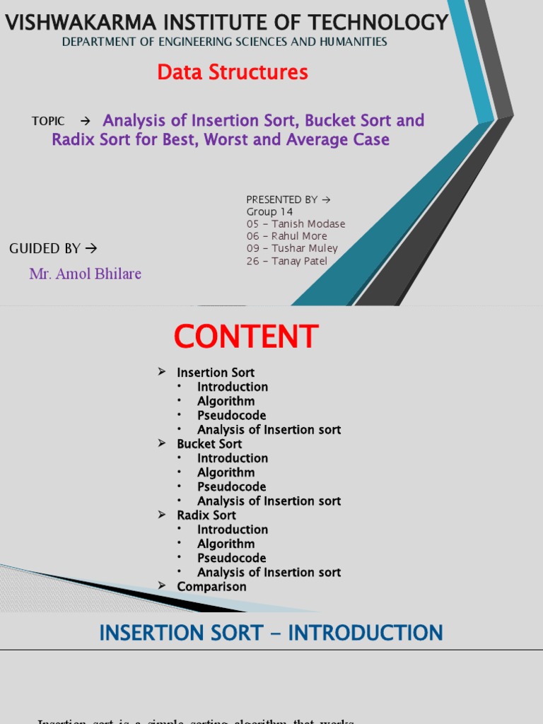 Data Structures Analysis of Insertion Sort, Bucket Sort and Radix Sort