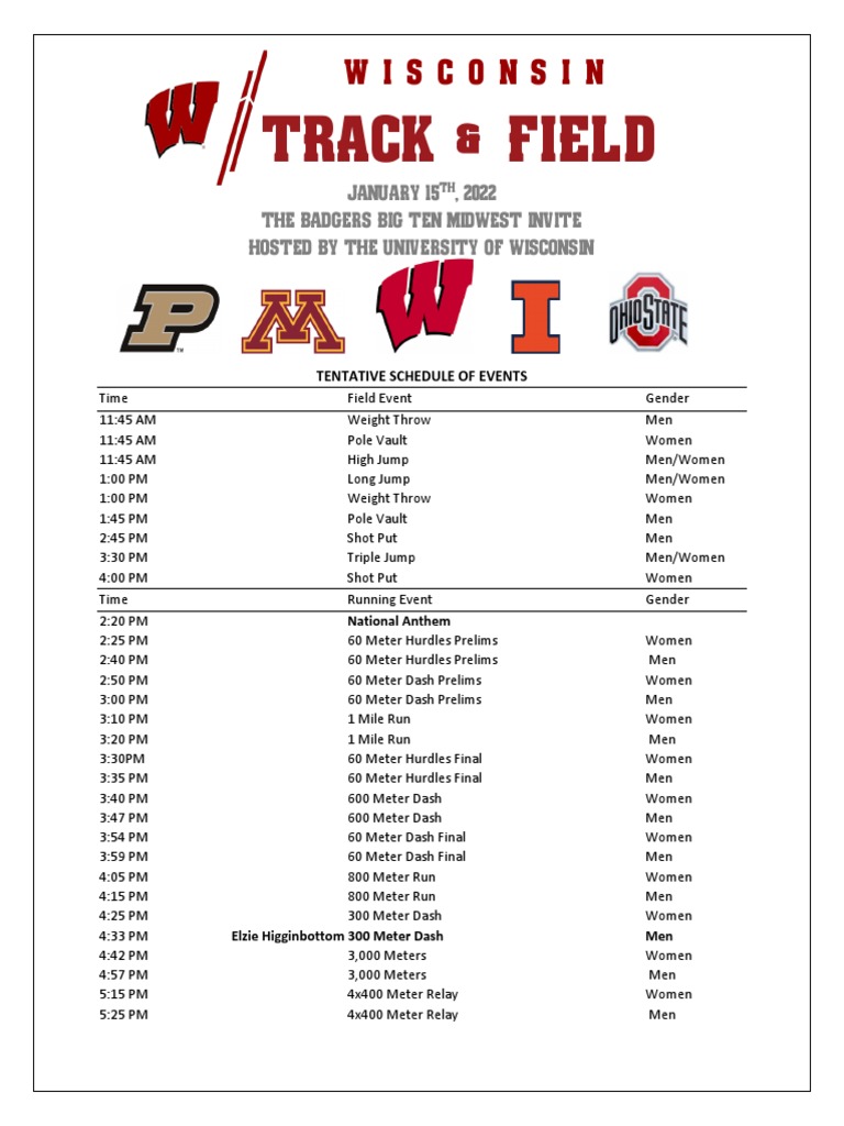 The UW Badgers Midwest Invite Schedule of Events PDF