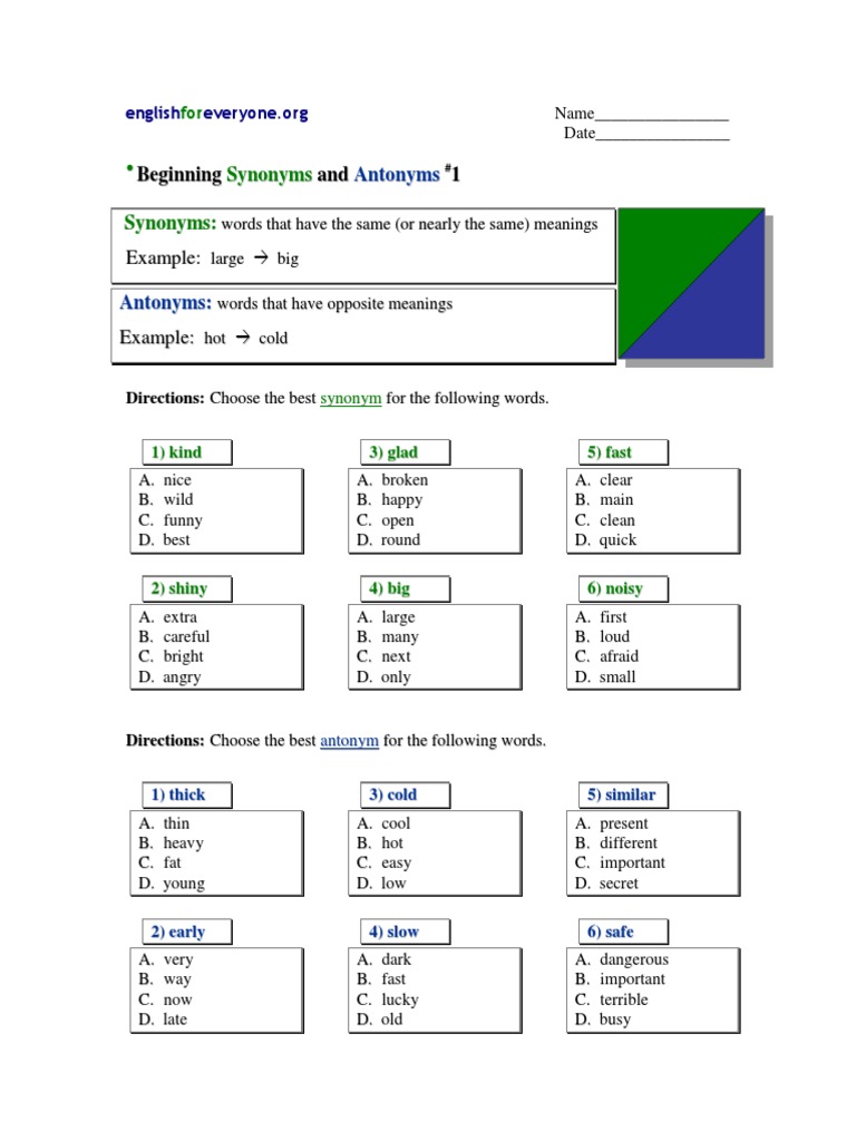 Synonyms and Antonyms Practice | PDF | Lexical Semantics | Lexicology