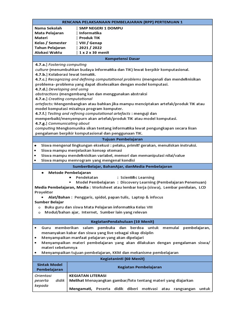 RPP Informatika Kelas VIII: Produk TIK | PDF | Karier & Perkembangan
