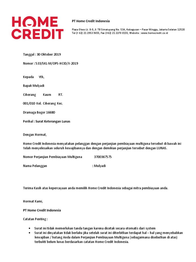 Surat Pelunasan Home Credit PDF