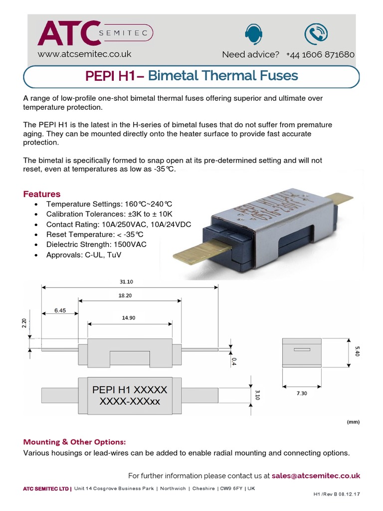 PEPI H1 Bimetal Thermal Fuses Overview | PDF