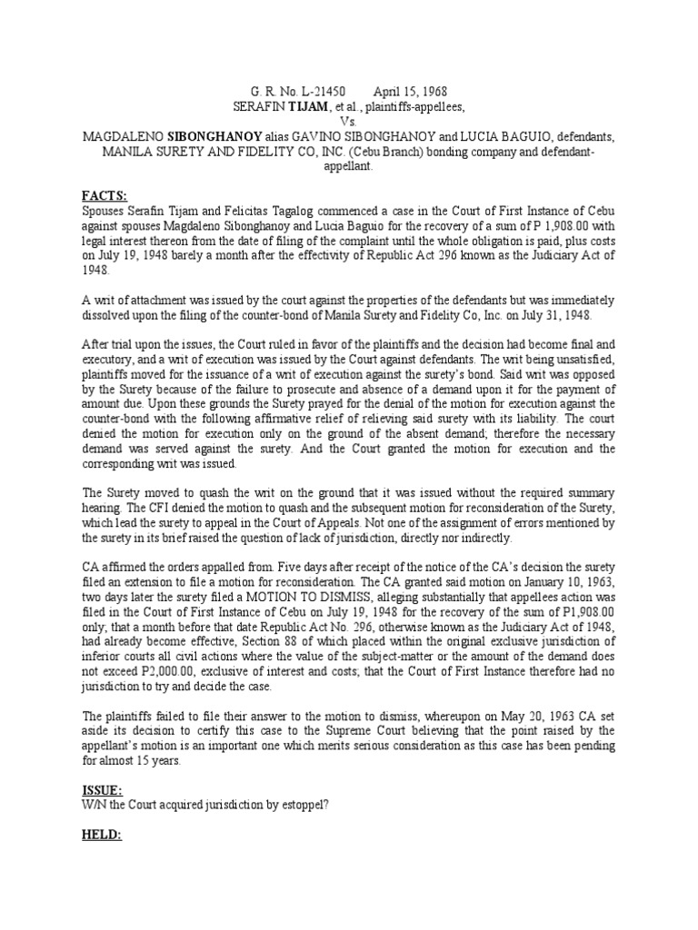 Tijam Vs Sibonghanoy PDF Estoppel Laches (Equity)