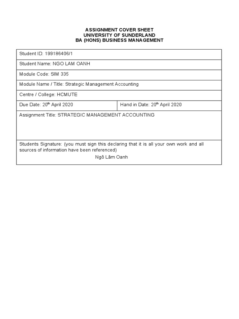 Assignment Cover Sheet University of Sunderland Ba (Hons) Business ...